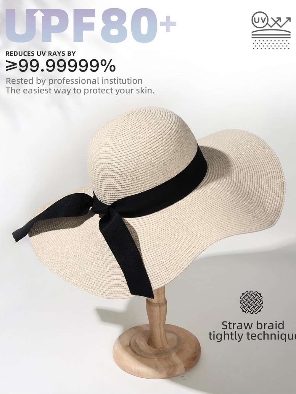 Straw Sun Hat with Black Ribbon - UPF80+